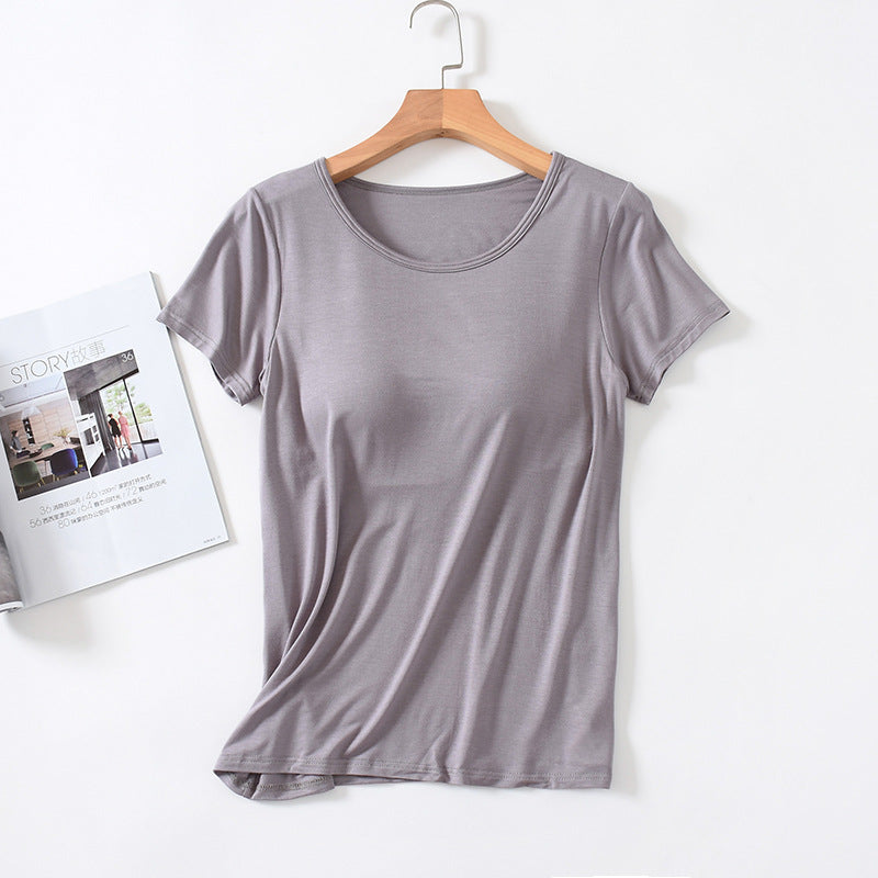 Women's Short-Sleeved Modal Pure Color Bra All-In-One Pajama Top with Breast Pads Summer Half-Sleeved Women's Bottoming Shirt TAVEN System LLC