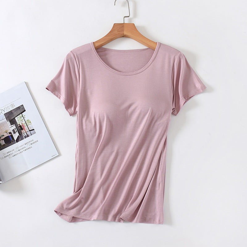 Women's Short-Sleeved Modal Pure Color Bra All-In-One Pajama Top with Breast Pads Summer Half-Sleeved Women's Bottoming Shirt TAVEN System LLC