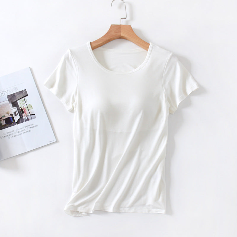 Women's Short-Sleeved Modal Pure Color Bra All-In-One Pajama Top with Breast Pads Summer Half-Sleeved Women's Bottoming Shirt TAVEN System LLC
