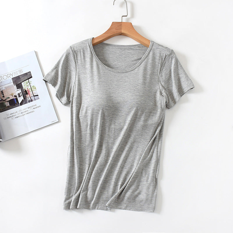 Women's Short-Sleeved Modal Pure Color Bra All-In-One Pajama Top with Breast Pads Summer Half-Sleeved Women's Bottoming Shirt TAVEN System LLC