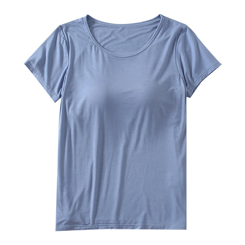 Women's Short-Sleeved Modal Pure Color Bra All-In-One Pajama Top with Breast Pads Summer Half-Sleeved Women's Bottoming Shirt TAVEN System LLC