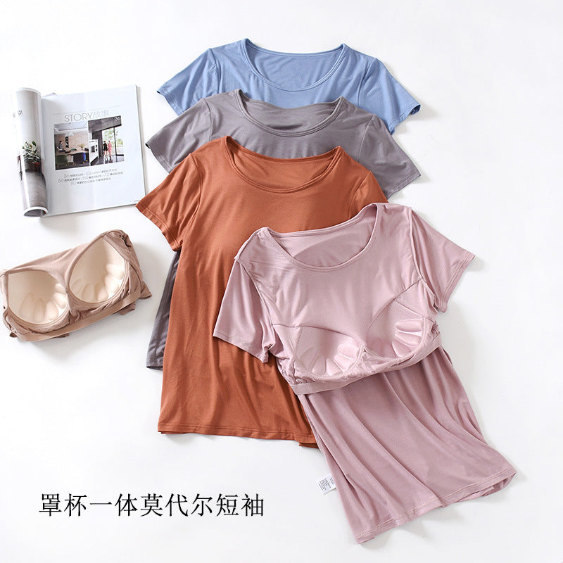 Women's Short-Sleeved Modal Pure Color Bra All-In-One Pajama Top with Breast Pads Summer Half-Sleeved Women's Bottoming Shirt TAVEN System LLC