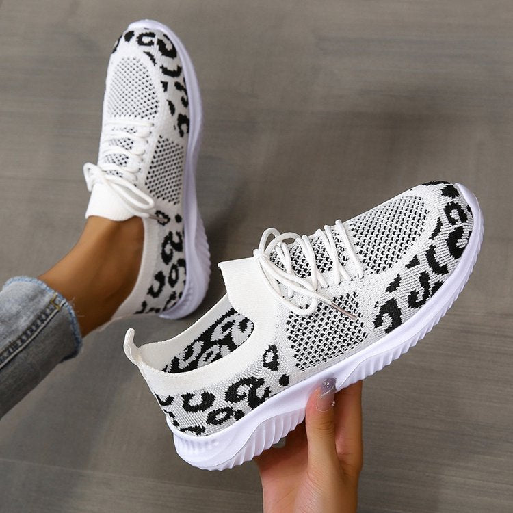 White Shoes Women Leopard Print Lace-up Sneakers Sports TAVEN
