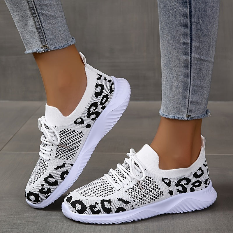 White Shoes Women Leopard Print Lace-up Sneakers Sports TAVEN