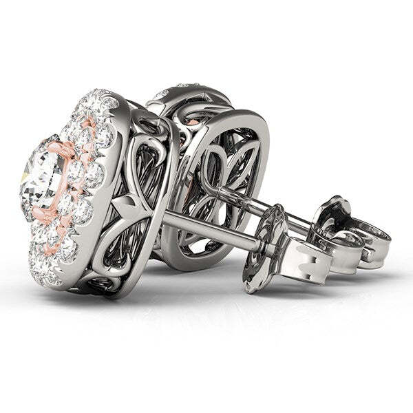 14k White and Rose Gold Cushion Shape Halo Diamond Earrings (3/4 cttw) Taven