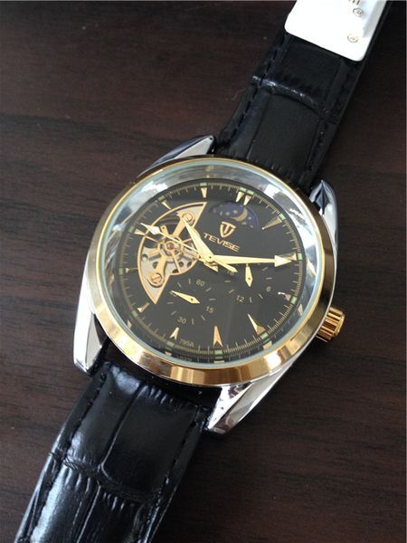 Color: Black - Top sell men watches,TEVISE high quality Skeleton mens-watches Gold Bezel TE33-2 free shipping Taven