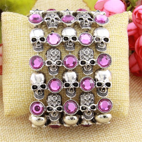 Color: Rose Red - Skull skeleton stretch bracelet for women biker bling jewelry antique gold silver plated W crystal wholesale dropship Taven