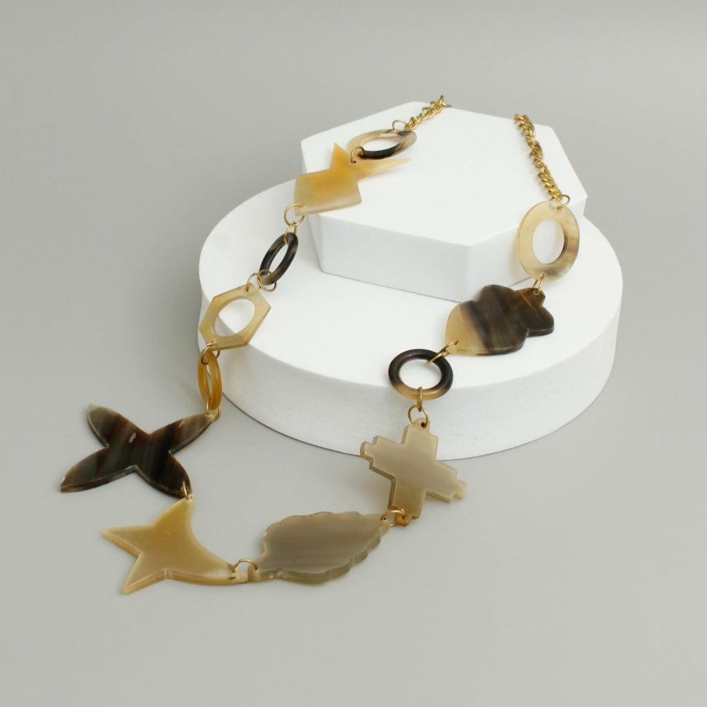 Multi Shape Buffalo Horn and Gold Chain Necklace Taven