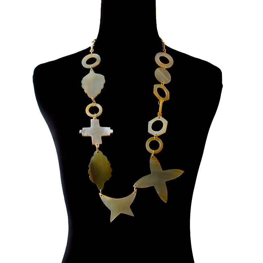 Multi Shape Buffalo Horn and Gold Chain Necklace Taven