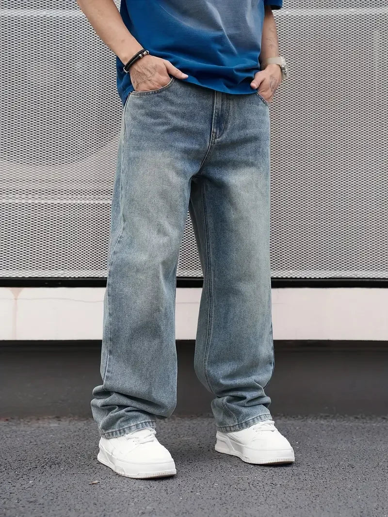 Men'S Casual Straight Wash Jeans - Light Blue, Loose Fit, Oblique Pocket, Comfortable Blend, Suitable For Casual Wear TAVEN System LLC