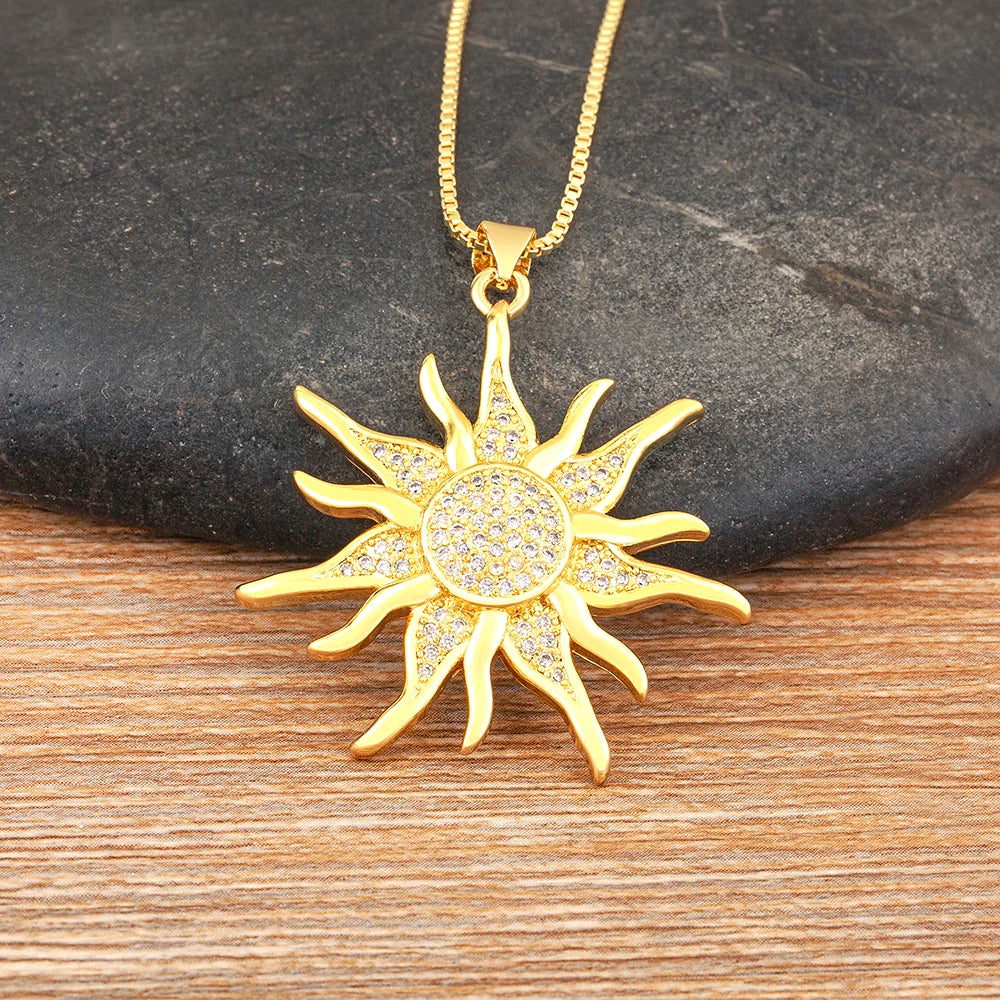 AIBEF Light Of Star And Moon Sun Shape Pendant Women Necklace Copper Zircon Western European Style Jewelry Popular Romantic Gift