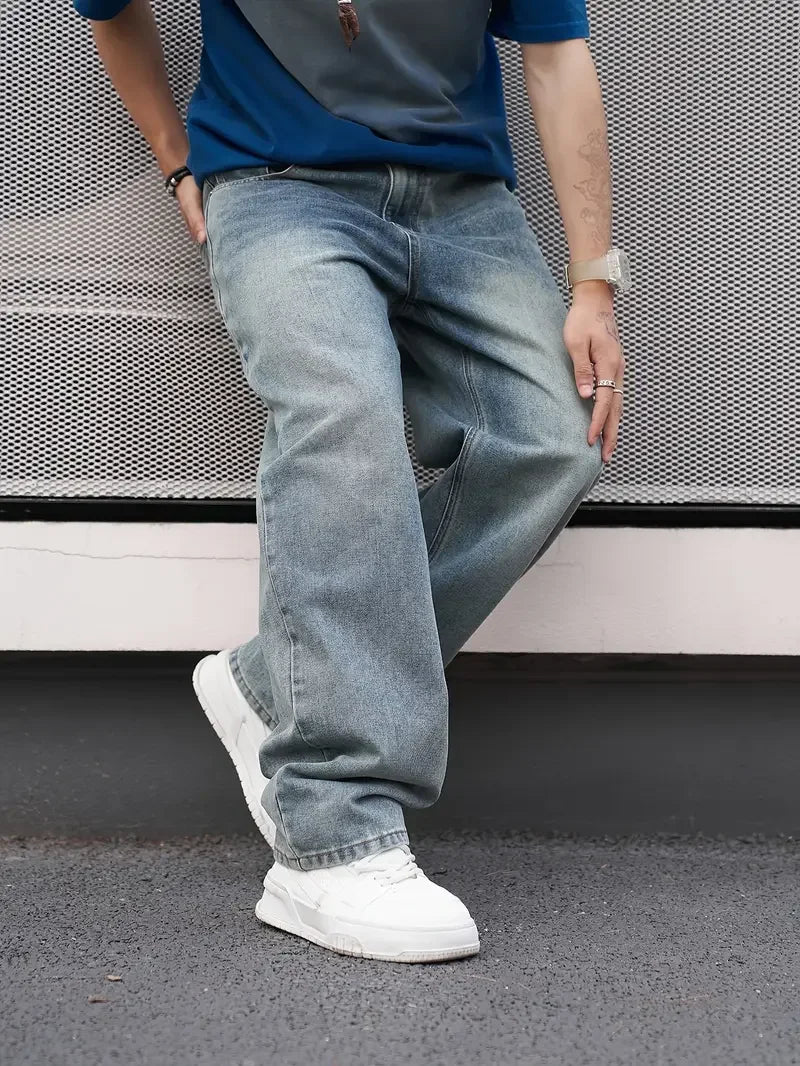 Men'S Casual Straight Wash Jeans - Light Blue, Loose Fit, Oblique Pocket, Comfortable Blend, Suitable For Casual Wear TAVEN System LLC