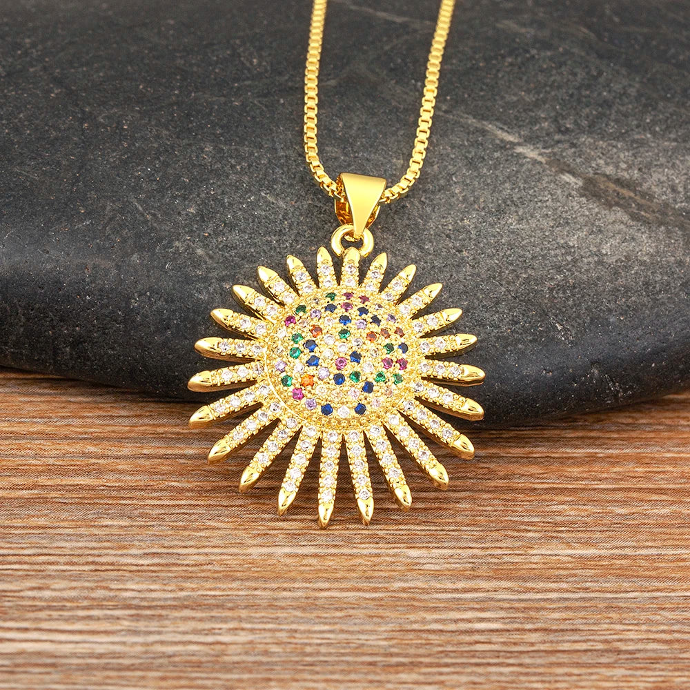 AIBEF Light Of Star And Moon Sun Shape Pendant Women Necklace Copper Zircon Western European Style Jewelry Popular Romantic Gift