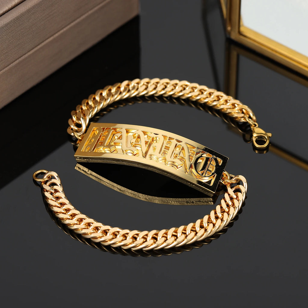 Custom Nameplate Name Bracelet For Men Gold Stainless Steel Double Layer Name Bracelet Women Personalized Hip Hop Jewelry Gift TAVEN System LLC