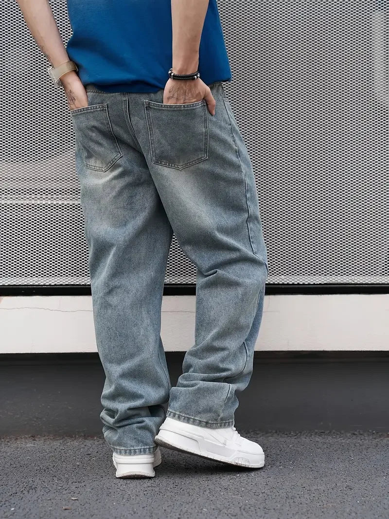 Men'S Casual Straight Wash Jeans - Light Blue, Loose Fit, Oblique Pocket, Comfortable Blend, Suitable For Casual Wear TAVEN System LLC