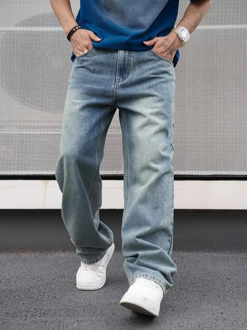 Men'S Casual Straight Wash Jeans - Light Blue, Loose Fit, Oblique Pocket, Comfortable Blend, Suitable For Casual Wear TAVEN System LLC