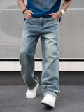 Men'S Casual Straight Wash Jeans - Light Blue, Loose Fit, Oblique Pocket, Comfortable Blend, Suitable For Casual Wear TAVEN System LLC