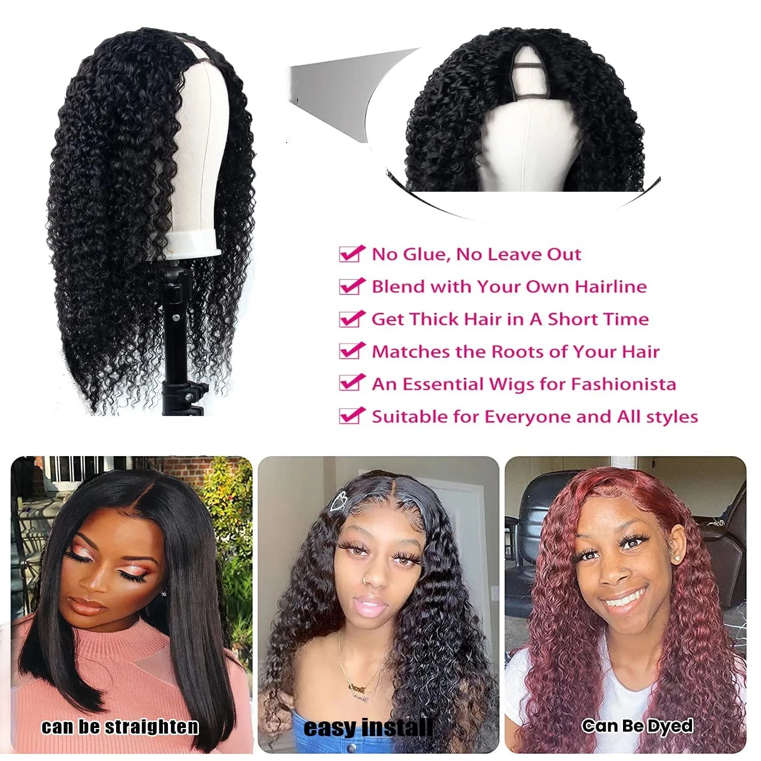 Kinky Curly V Part Indian Remy Human Hair Wig Long