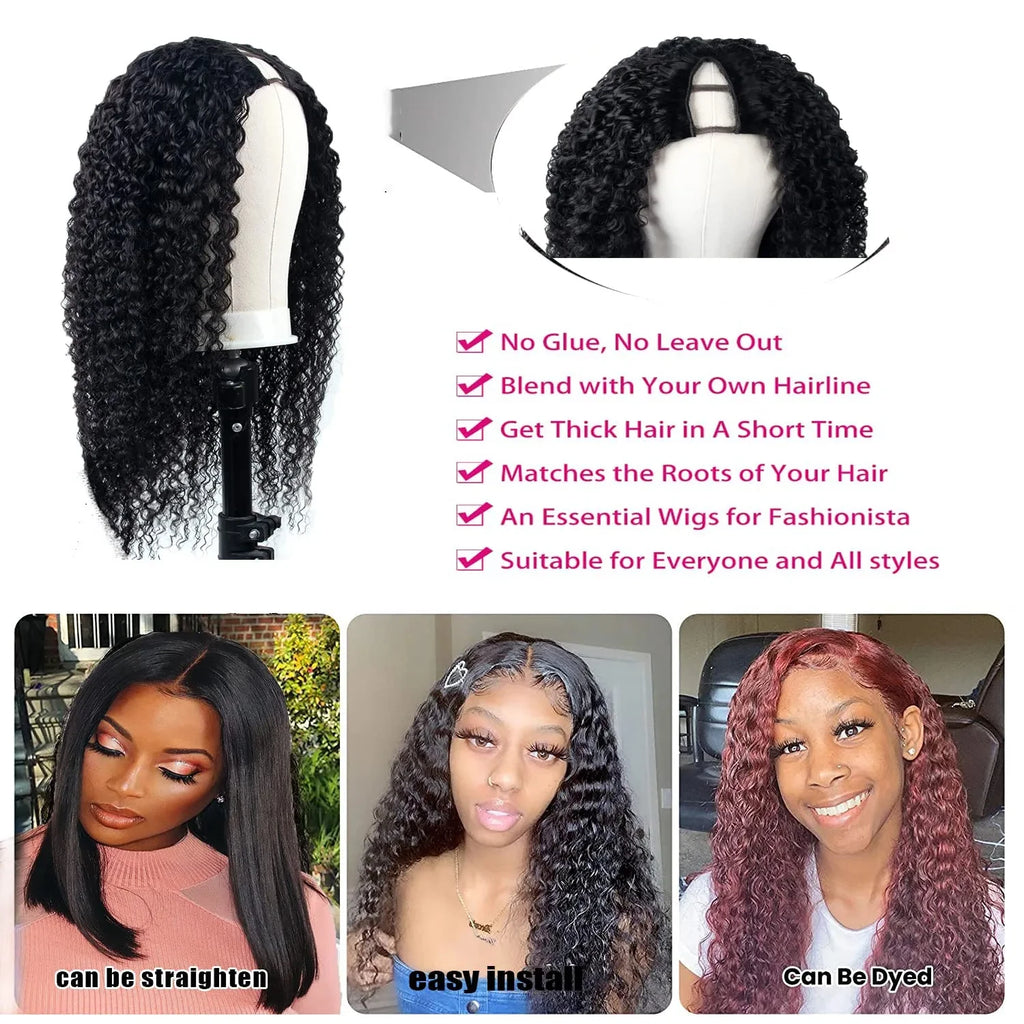 Kinky Curly V Part Human Hair Wig Glueless Clip