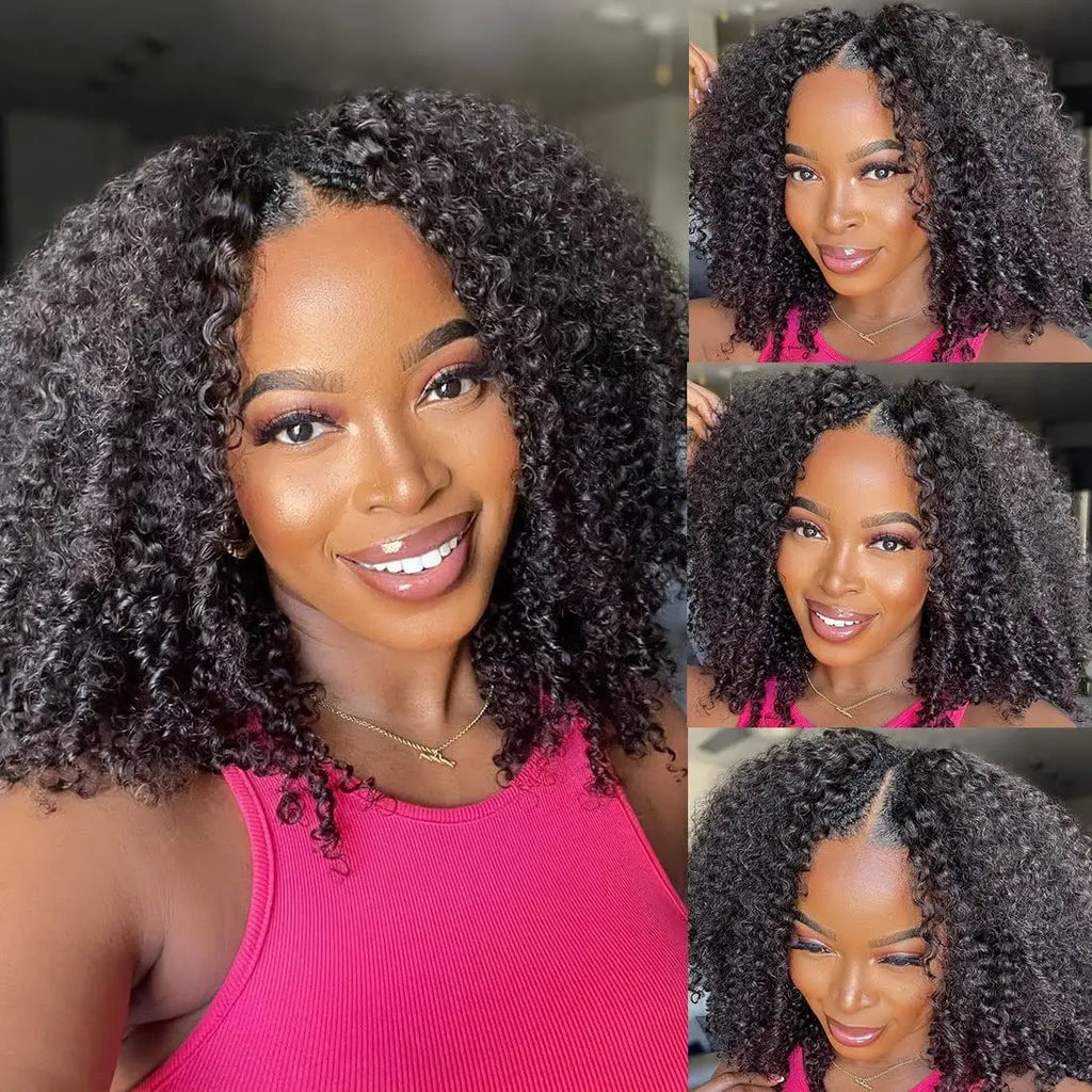 Kinky Curly V Part Indian Remy Human Hair Wig Long