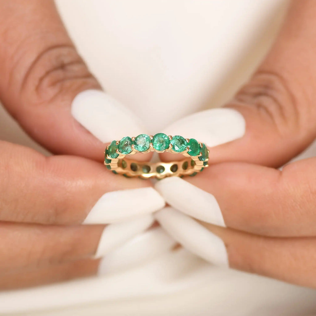 Trending Products 14k Solid Gold Full Eternity Band Ring 2.5mm Round Cut Genuine Emerald Stackable Band Ring at Wholesale Price TAVEN System LLC