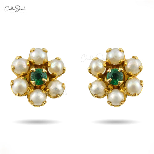 Trending Products To Sell Natural Zambian Emerald And Pearl Flower Stud Earring With 18k Fine Yellow Gold Cluster Earrings TAVEN System LLC