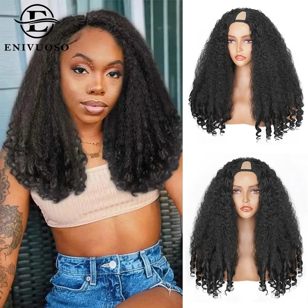 Afro Kinky Straight V Part Synthetic Glueless Wig for Women
