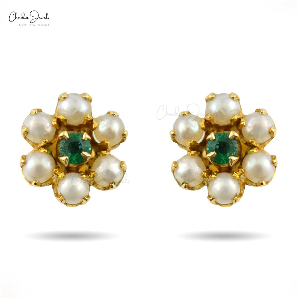 Trending Products To Sell Natural Zambian Emerald And Pearl Flower Stud Earring With 18k Fine Yellow Gold Cluster Earrings TAVEN System LLC