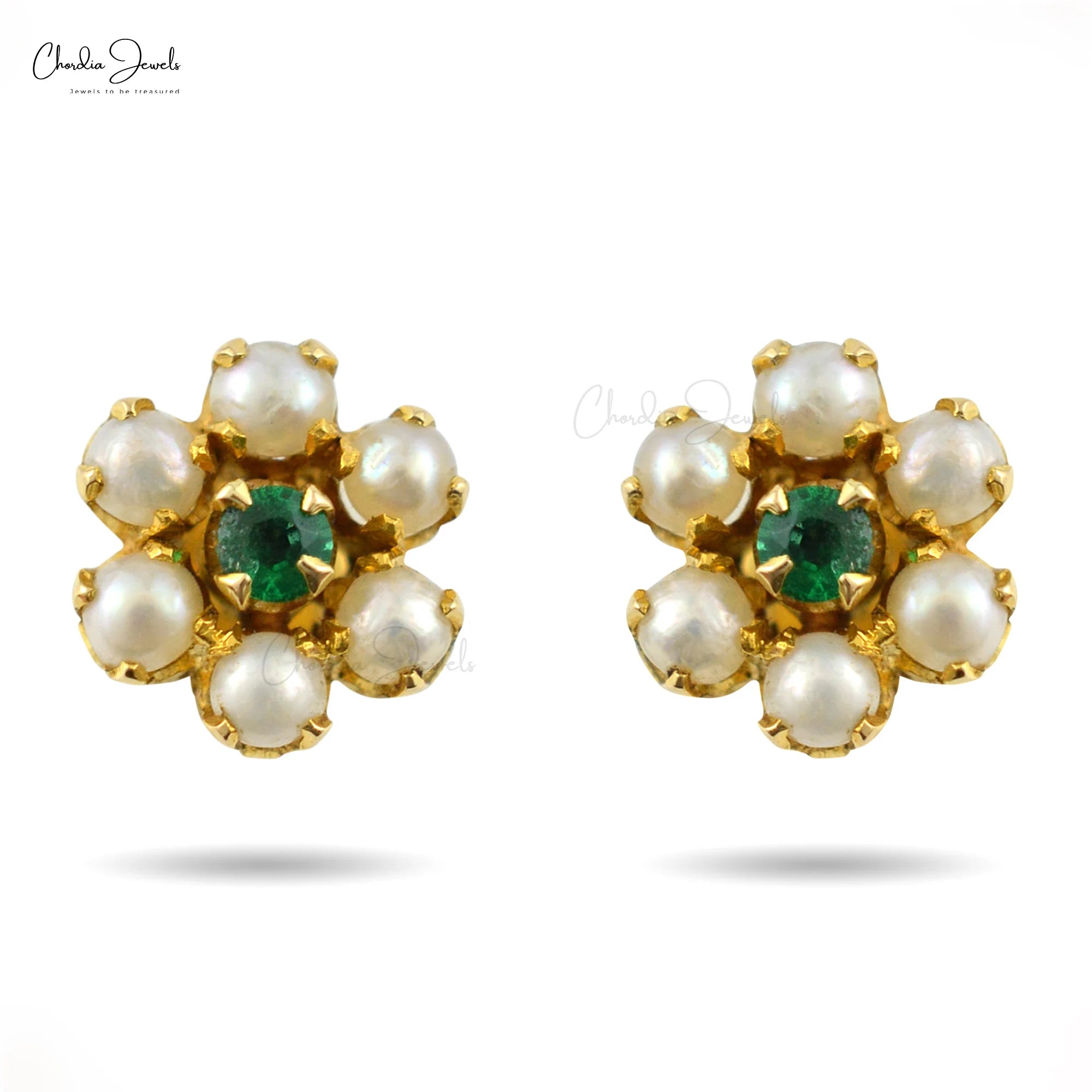 Trending Products To Sell Natural Zambian Emerald And Pearl Flower Stud Earring With 18k Fine Yellow Gold Cluster Earrings TAVEN System LLC