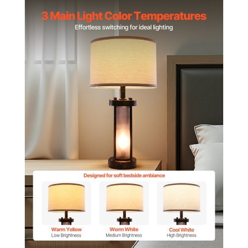 Table Lamps Set of 2, Dimmable Farmhouse Bedside Nightstand Lamps, Vintage Lamp with LED Bulb and Linen Shades, Bedside Lamp with USB C+A Ports & AC Outlet, for Living Room, Bedroom & Office VEVOR