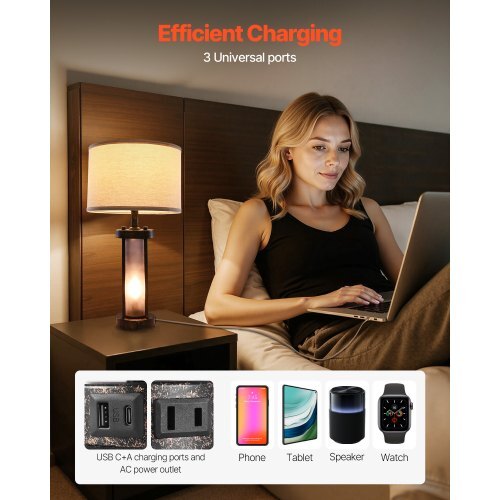Table Lamps Set of 2, Dimmable Farmhouse Bedside Nightstand Lamps, Vintage Lamp with LED Bulb and Linen Shades, Bedside Lamp with USB C+A Ports & AC Outlet, for Living Room, Bedroom & Office VEVOR
