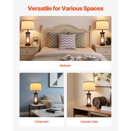 Table Lamps Set of 2, Dimmable Farmhouse Bedside Nightstand Lamps, Vintage Lamp with LED Bulb and Linen Shades, Bedside Lamp with USB C+A Ports & AC Outlet, for Living Room, Bedroom & Office VEVOR