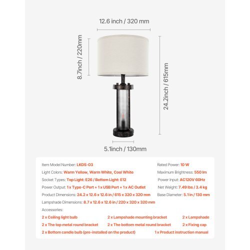 Table Lamps Set of 2, Dimmable Farmhouse Bedside Nightstand Lamps, Vintage Lamp with LED Bulb and Linen Shades, Bedside Lamp with USB C+A Ports & AC Outlet, for Living Room, Bedroom & Office VEVOR