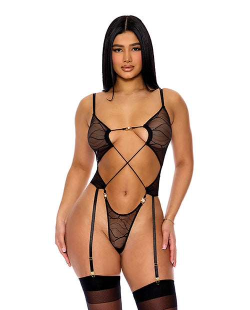 Pull My Strings Sheer Mesh Teddy w/Garters & Faux Pearl Details - Black SM Taven
