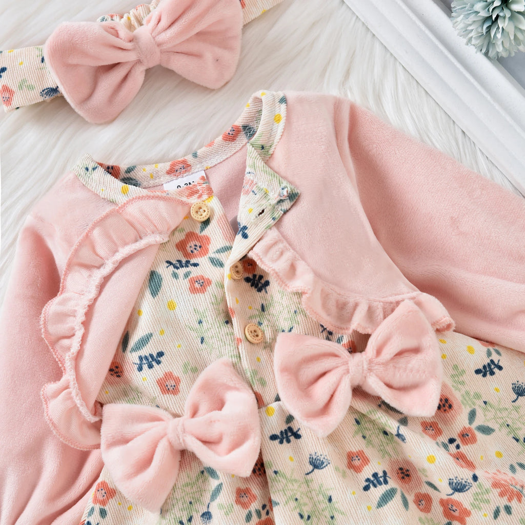 Baby Girl Floral Bodysuit Dress with Matching Headband Outfit