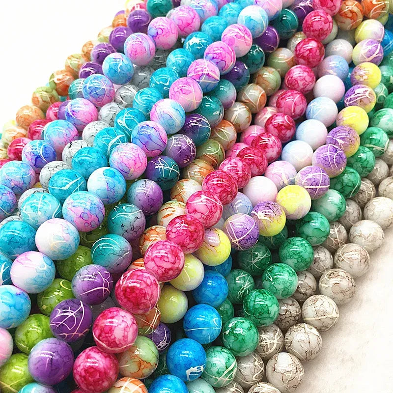 Color: Pale pinkish gray, Item Diameter: 7mm - Wholesale 4/6/8/10mm Glass Beads Round Loose Spacer Beads Pattern For Jewelry Making DIY Bracelet Necklace Taven