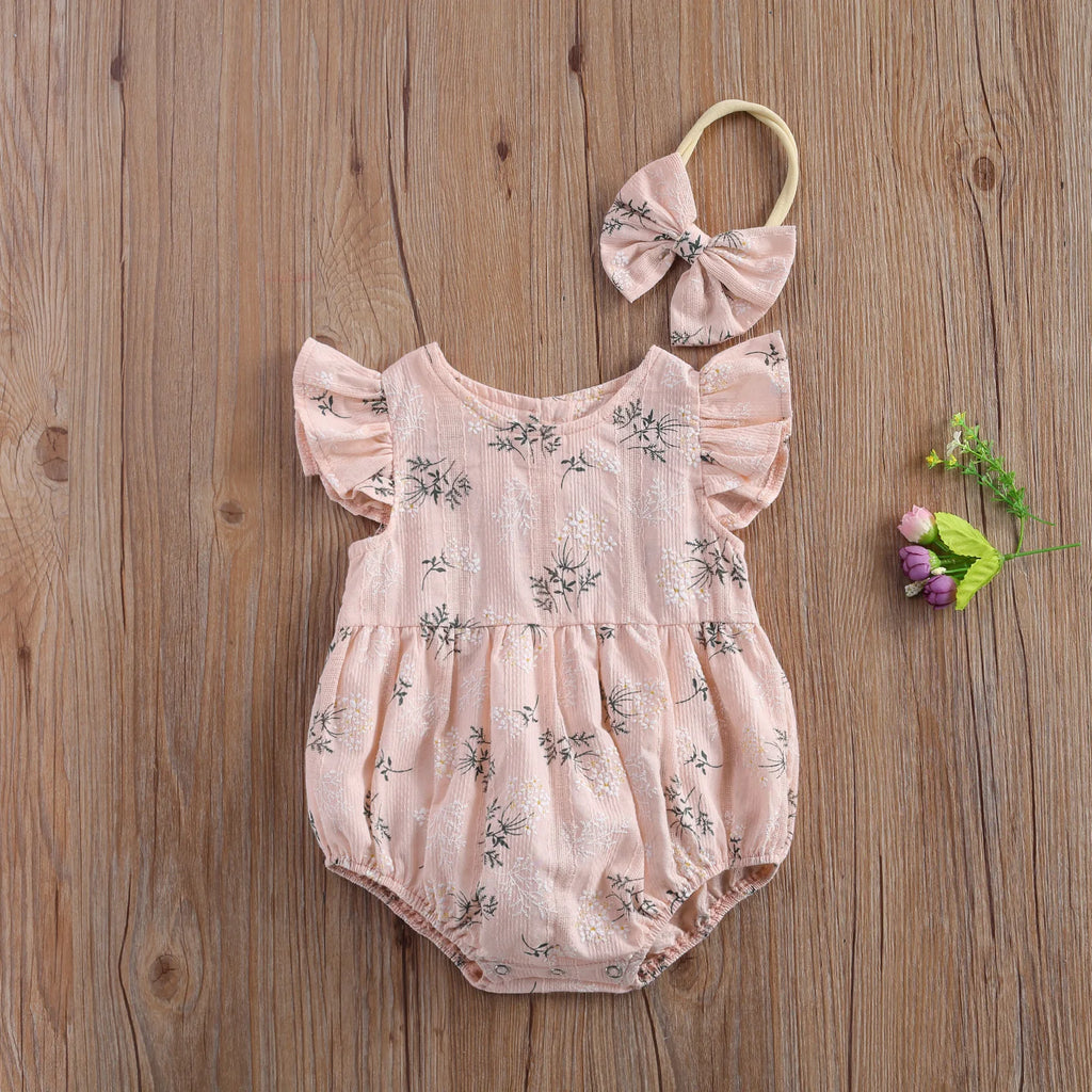 Baby Girl Floral Romper with Matching Headband Summer Outfit