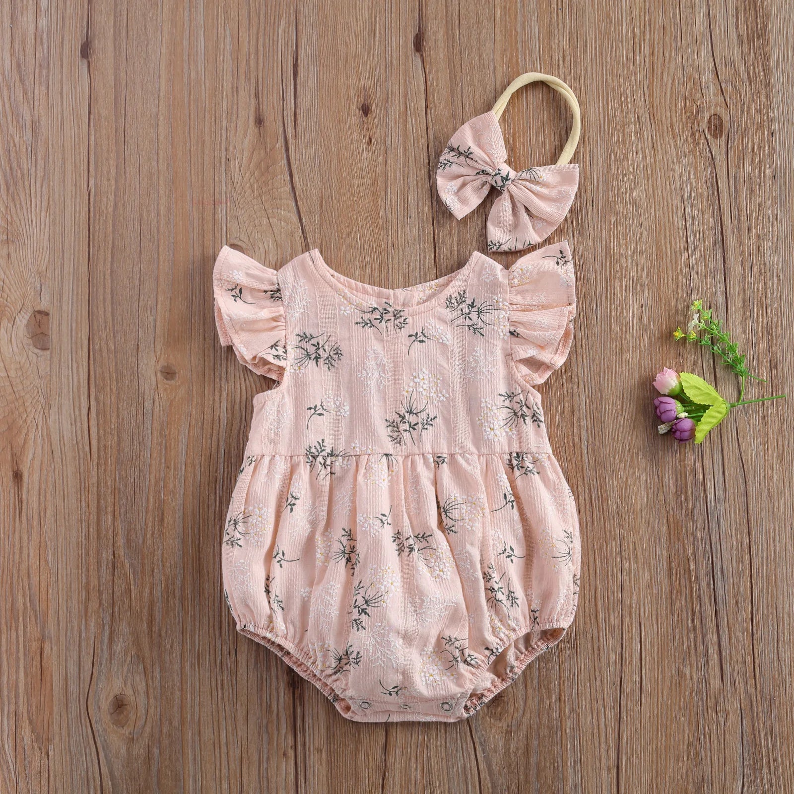 Baby Girl Floral Romper with Matching Headband Summer Outfit
