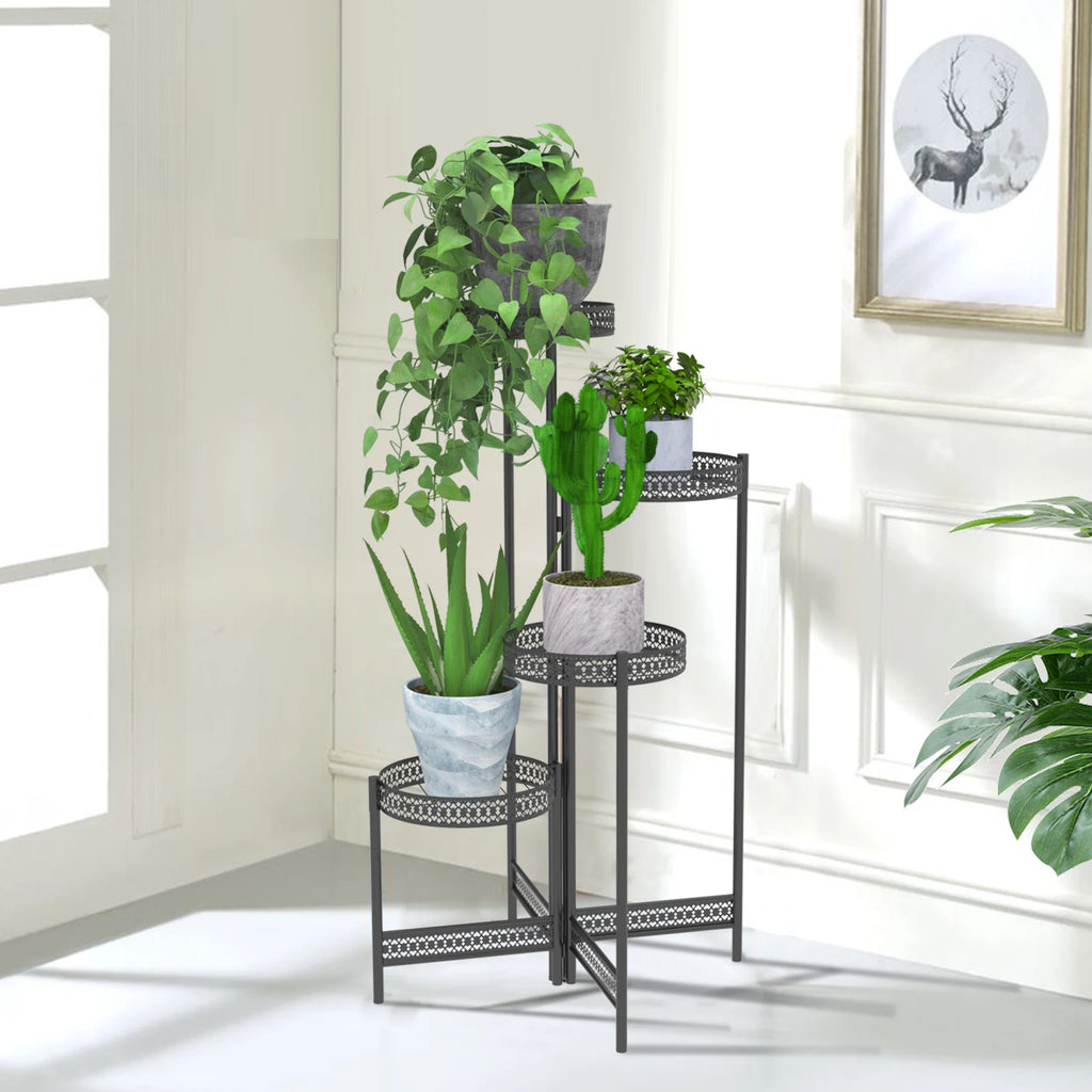 Foldable 4 tier black metal plant stand for indoor outdoor use