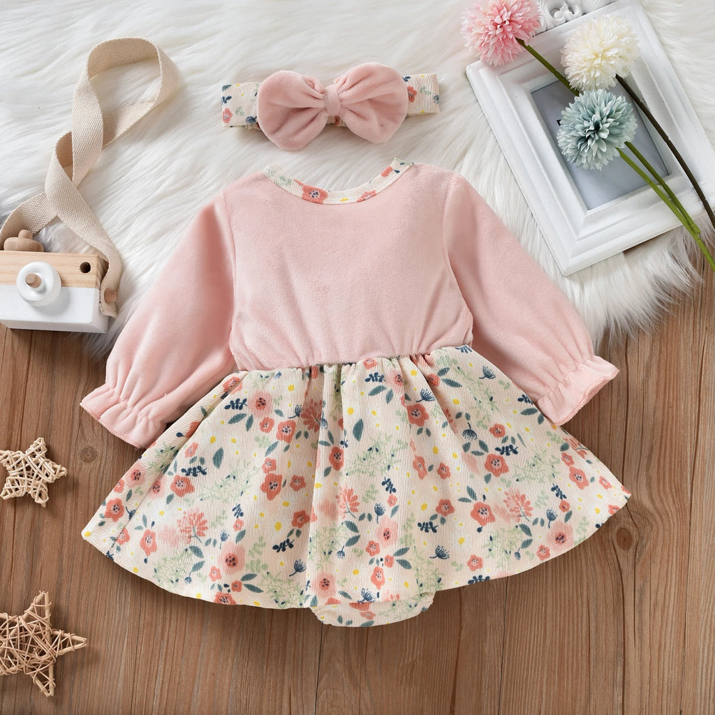 Baby Girl Floral Bodysuit Dress with Matching Headband Outfit