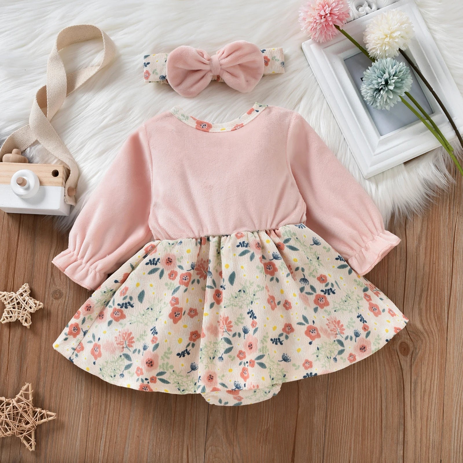 Baby Girl Floral Bodysuit Dress with Matching Headband Outfit