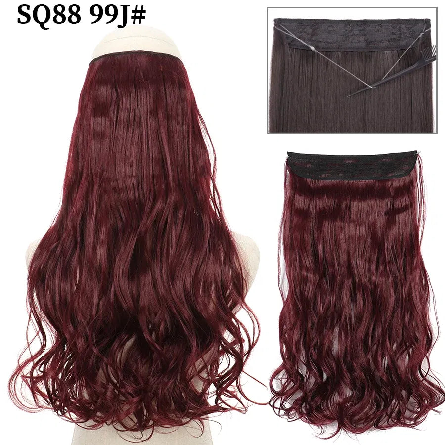 Color: T1B/Red, Stretched Length: 32inches, Ships From: CHINA - Synthetic Natural Wavy No Clip Fish Line Invisible Hair Extensions Mixed Color Blonde Black Artificial False Hair Piece ForWomen Taven
