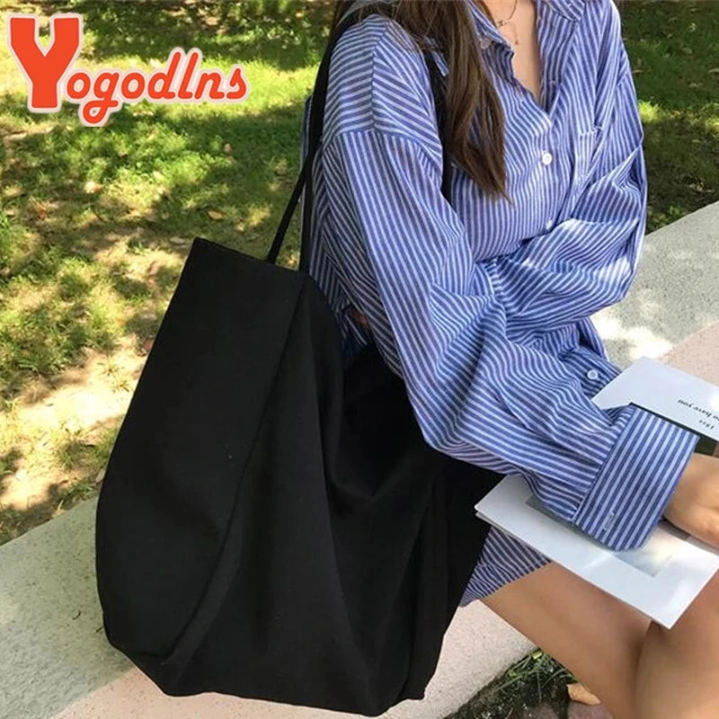 Women Canvas Large Tote Bag Solid Color Shoulder Shopping Handbag TAVEN System LLC