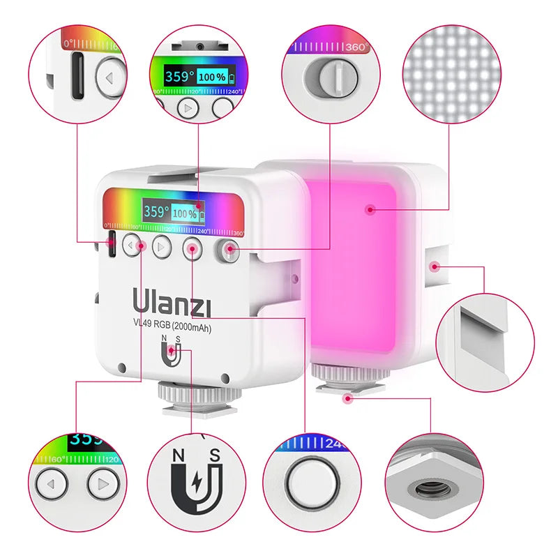 Ulanzi VL49 Full Color RGB LED Video Light 2500K-9000K 800LUX Magnetic Mini Fill 3 Cold Shoe 2000mAh Type-C Camera Light TAVEN System LLC