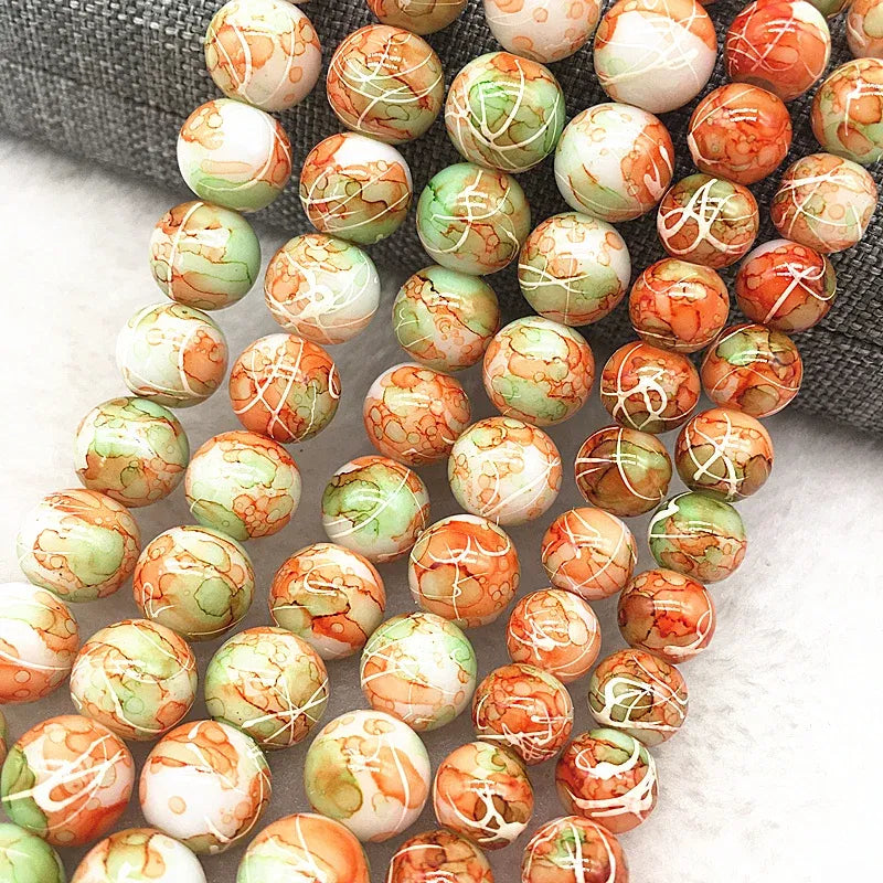 Color: Pale pinkish gray, Item Diameter: 7mm - Wholesale 4/6/8/10mm Glass Beads Round Loose Spacer Beads Pattern For Jewelry Making DIY Bracelet Necklace Taven