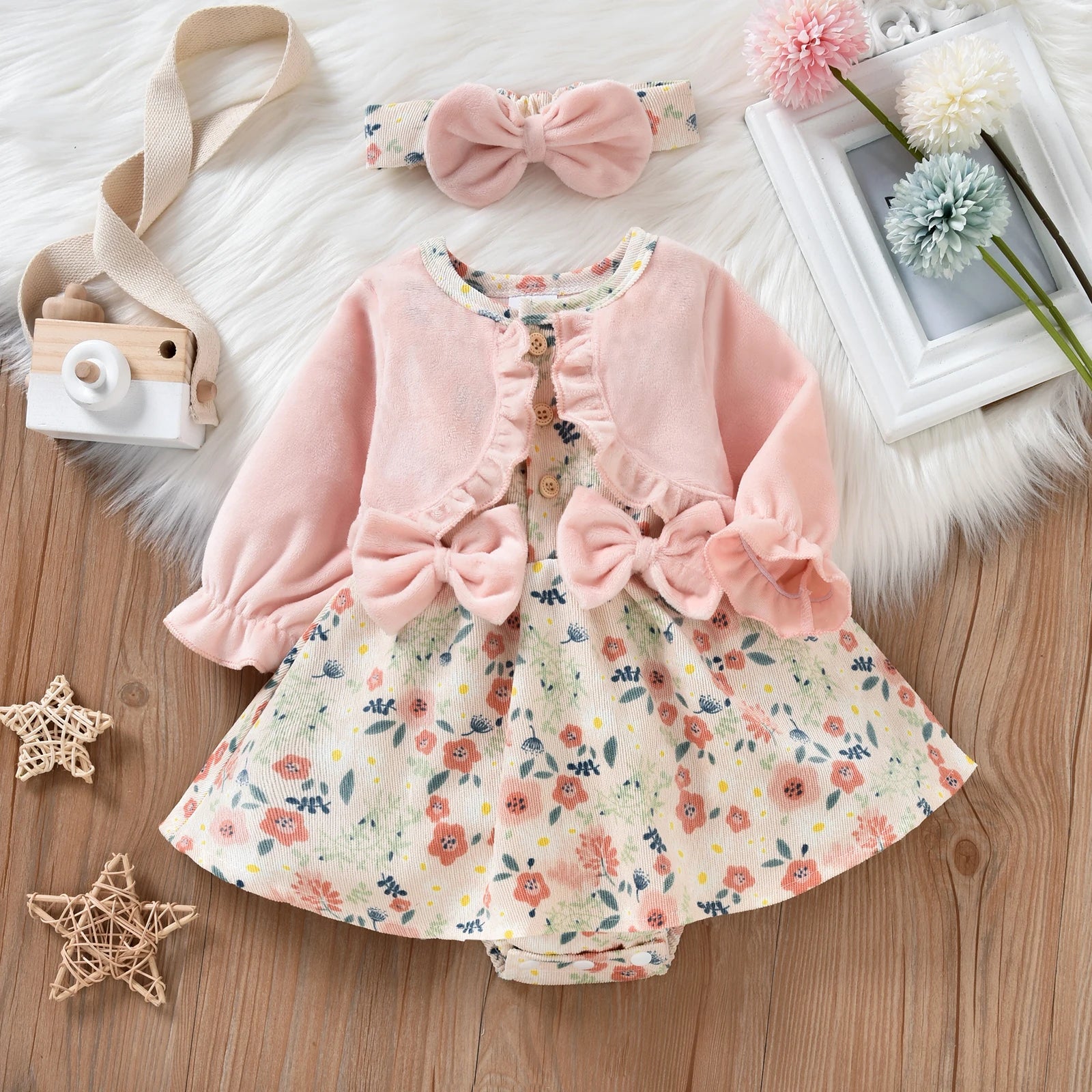 Baby Girl Floral Bodysuit Dress with Matching Headband Outfit