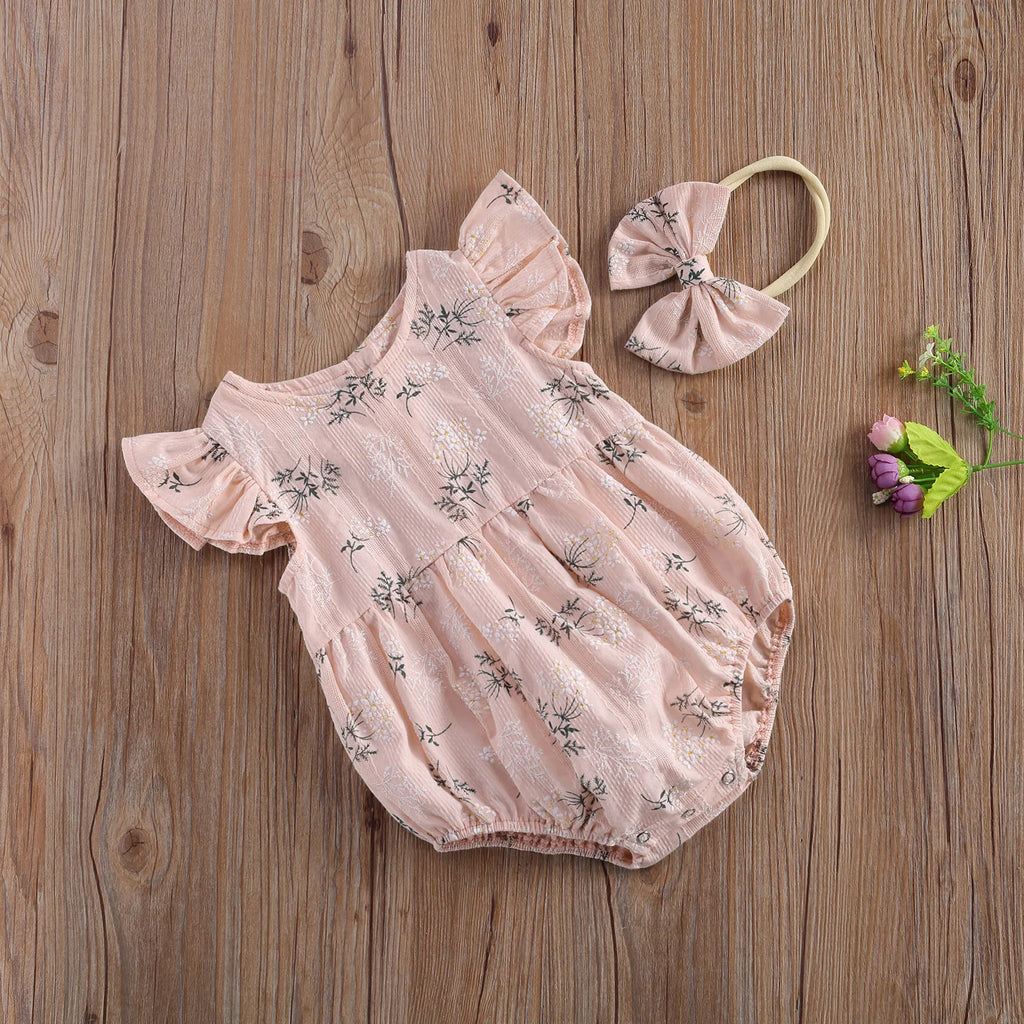 Baby Girl Floral Romper with Matching Headband Summer Outfit