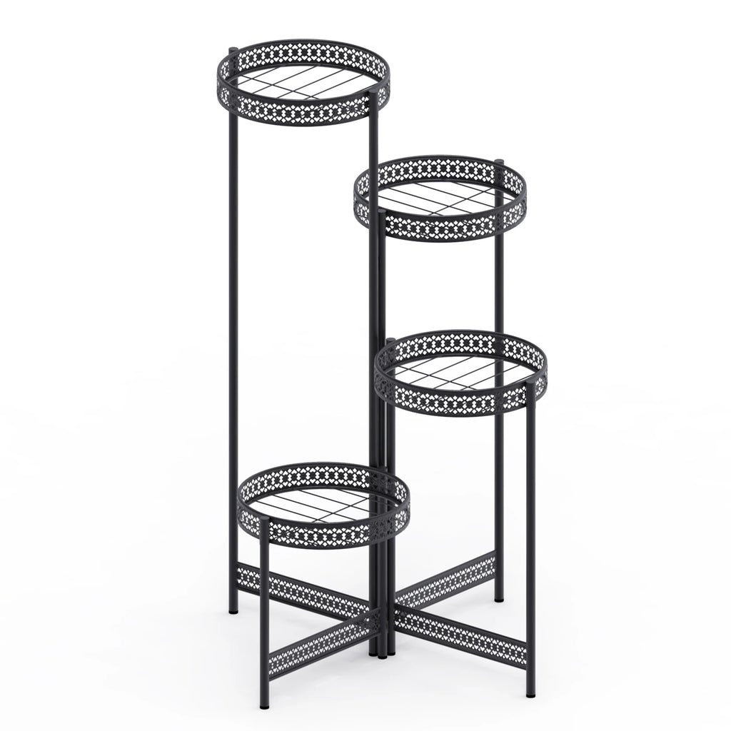 Foldable 4 tier black metal plant stand for indoor outdoor use