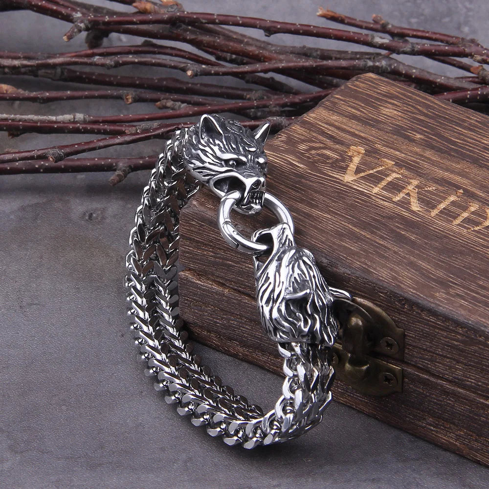 Never Fade Viking Wolf head Bracelet Men's Stainless Steel Mesh Chain Gold Punk Jewelry without box TAVEN System LLC