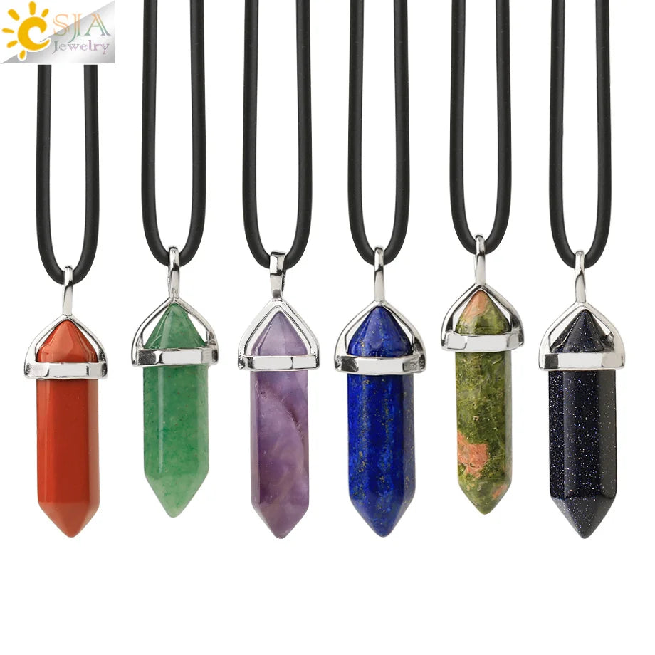 CSJA Hexagonal Bullet Crystal Necklaces Natural Gem Stone Quartz Necklace Pendant Chakra Amethysts Pink Quartz Lapis Lazuli G957 TAVEN System LLC